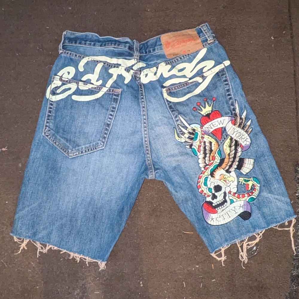 Ed Hardy Blue Denim Shorts with Colorful Graphic